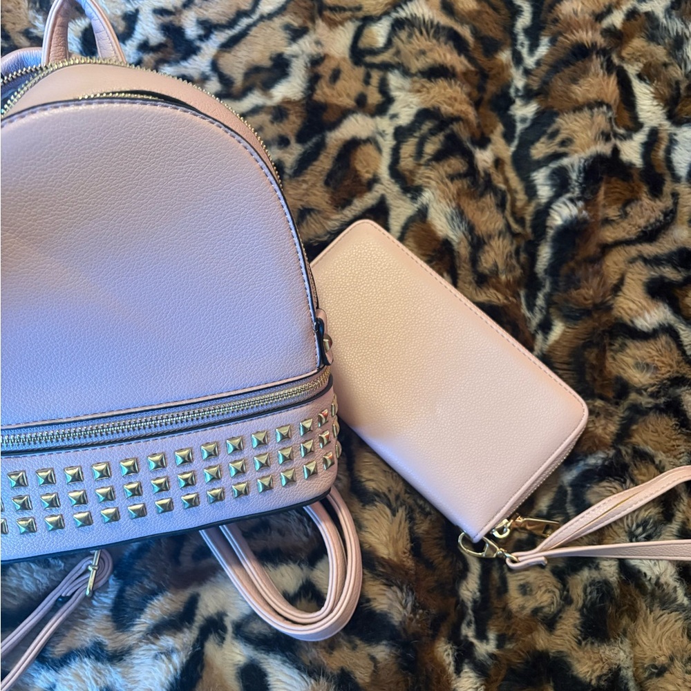 Pink Studded Backpack and Wallet Set